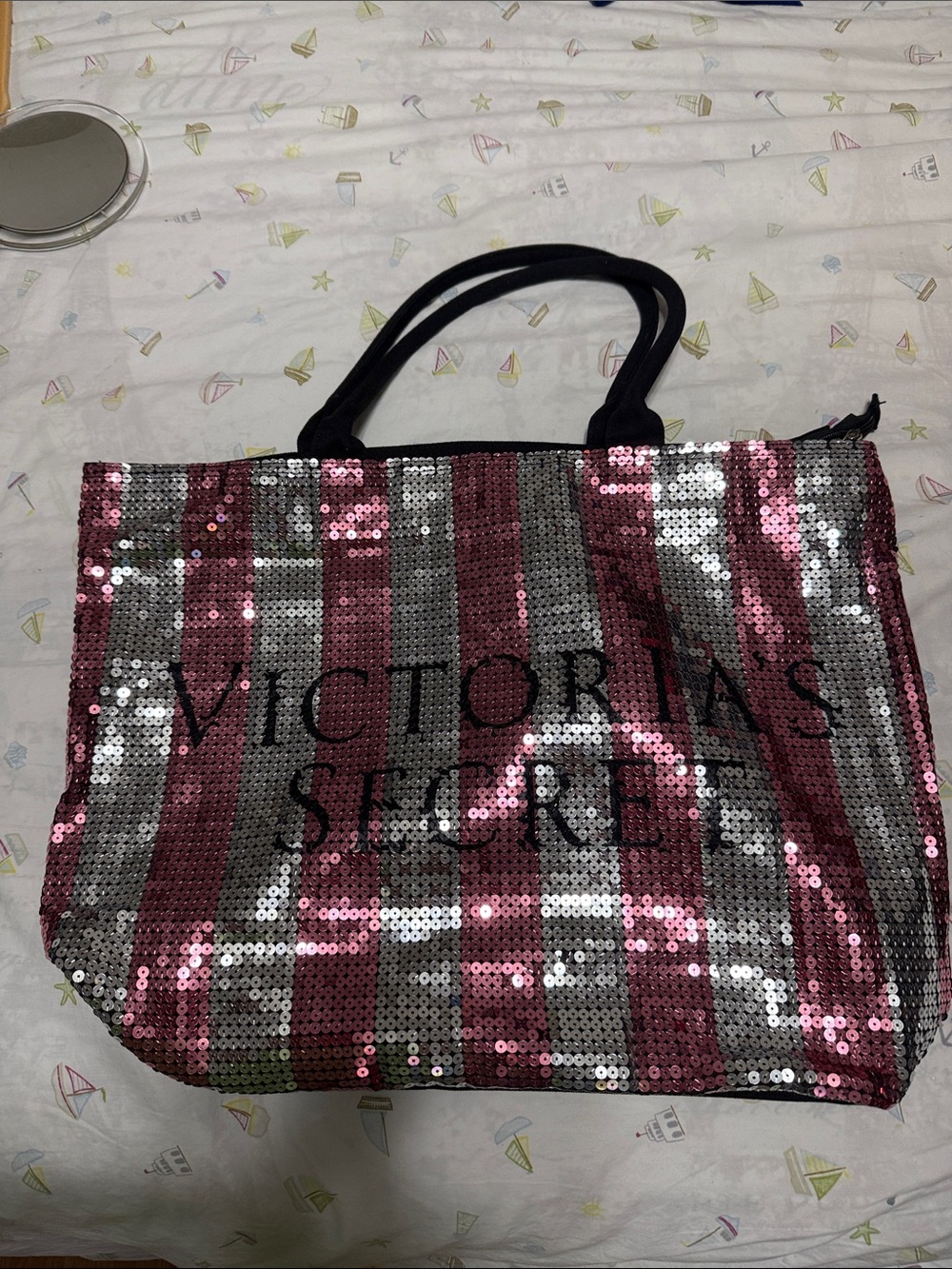 Victoria's Secret Pink and Silver Sequin Stripe Tote